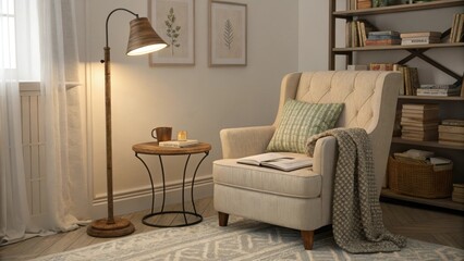 A cozy reading nook is created with a comfortable armchair p beside a small side table perfect for enjoying a book or beverage. A stylish floor lamp provides soft illumination