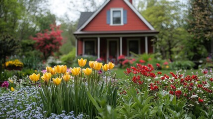 Colorful flowers like yellow tulips and bright red blossoms fill the garden, creating a picturesque view. Lush greenery and a cozy red house enhance the serene spring atmosphere