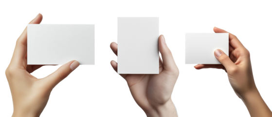 A studio shot showcasing three hands each holding a different sized blank white card against a black background.