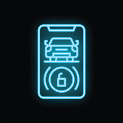 Glowing neon icon depicting a smartphone with an app for car security, featuring a prominent unlock symbol, against a dark background