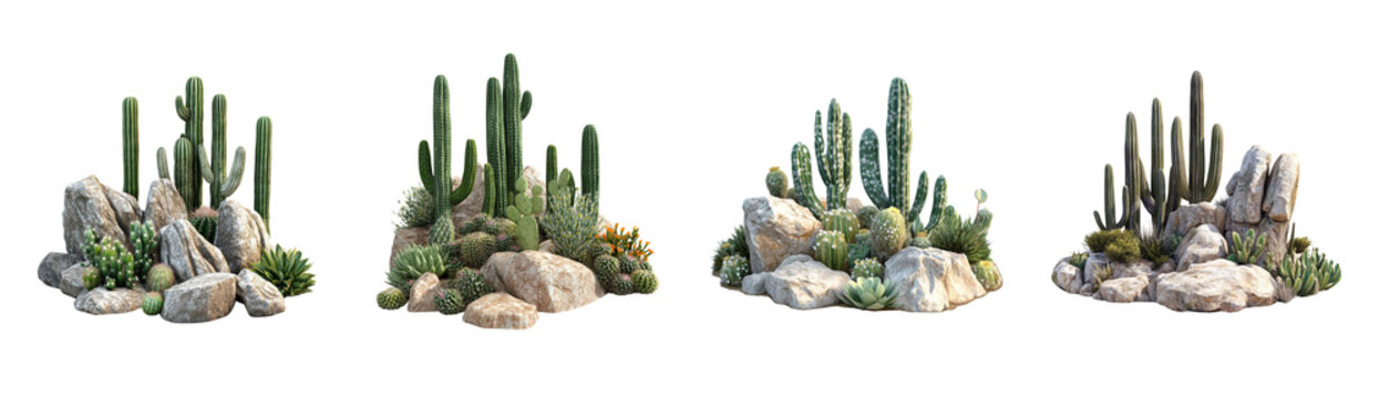 Four distinct desert scenes showcase various cacti and succulents nestled amongst light brown rocks against a black background.