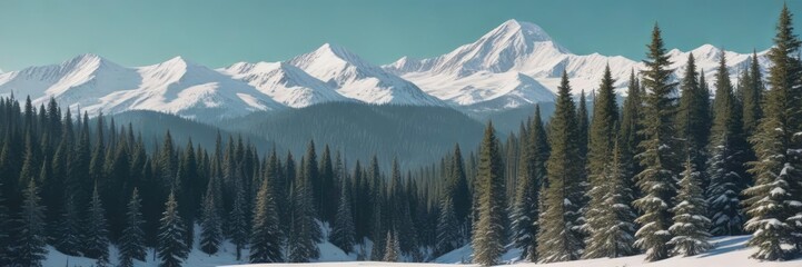Fototapeta premium Dense forest of dark evergreen trees against a backdrop of pristine snow-covered mountain peaks in warm beige and teal hues, natural scenery, teal trees, winter landscape