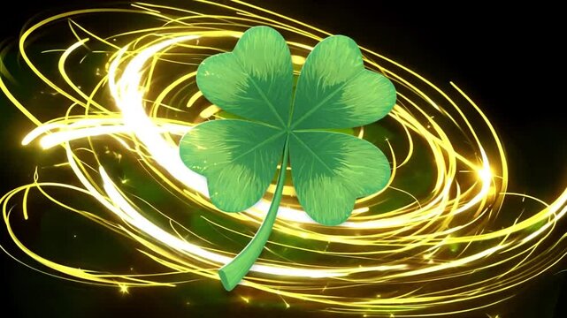 St. Patrick's animated clovers against a black background. Animation background symbol of shamrock four clover leaf. Golden particles