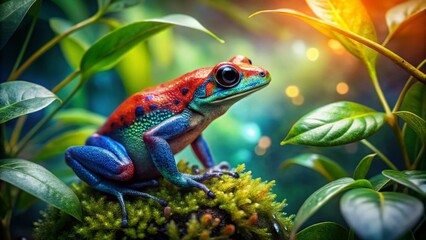 Vibrant Strawberry Poison Dart Frog Double Exposure - Rainforest Nature Stock Photo