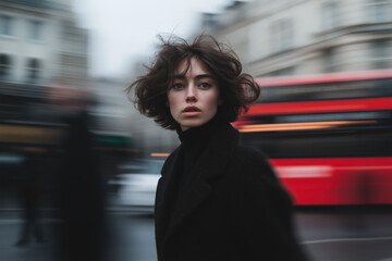 Woman in Black Coat on City Street with Blurred Background