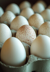 A dozen eggs are in a carton, with one of them being speckled. The eggs are arranged in a row, with the speckled egg in the middle