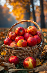A basket full of red apples on the ground. The apples are ripe and ready to be picked. The basket is made of wicker and is placed in a grassy area.