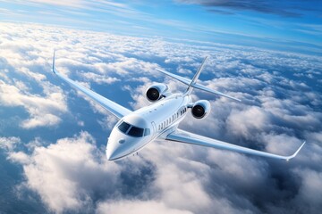 Obraz premium Private jet soaring high above fluffy clouds during a bright sunny day