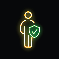 Neon sign representing a person holding a shield with a check mark, symbolizing security and protection © ylivdesign