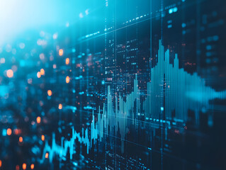A blurred background with a blue finance graph and investment bar, showcasing growth and success in the market with technology currency reports chart. Business stock world economy AI computer