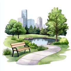 Tranquil Urban Park Scene with Bench and Trees Near a Pond
