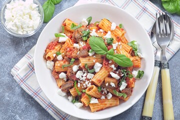 Rigatoni alla Norma pasta with eggplant, tomato, basil and ricotta salata, horizontal top view