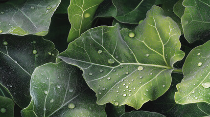 Raindrops Shimmering on Natural Green Leaves