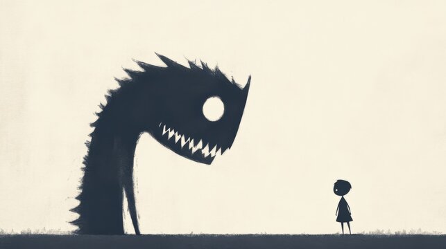 Silhouette of a large monster facing a small child, symbolizing fear or anxiety.