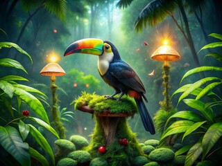 Obraz premium Vibrant Toucan in Lush Rainforest Canopy - Exotic Bird Wildlife Stock Photo