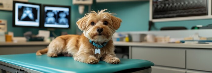 mall, tan-colored dog lies on vet's exam table, looking directly at camera against blurred background of veterinary office.