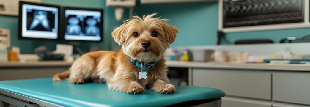 mall, tan-colored dog lies on vet's exam table, looking directly at camera against blurred background of veterinary office.