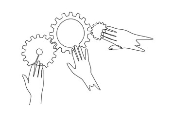 One single line drawing group of The team's cohesiveness in arranging technology gear in a continuous line style. Teamwork people trust assistance. Technology gear collaboration solution. Continuous l