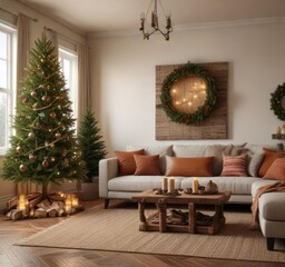 Cozy living room with Christmas tree decorated with cinnamon sticks and pinecones, warm ambiance, living room, cozy space