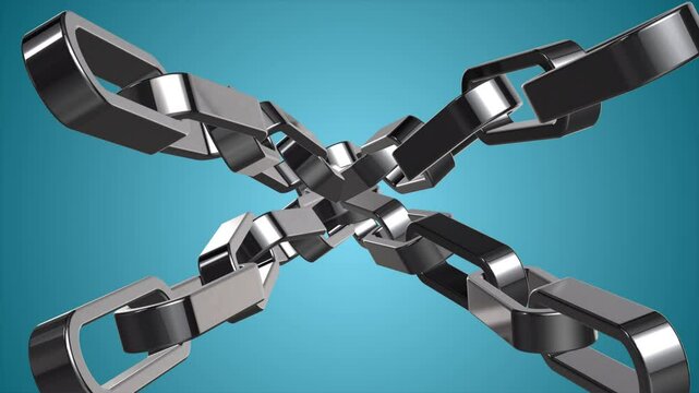 Animation of four interlocking metal chains rotating to form an X against a blue background.