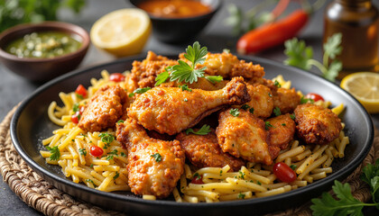 Delicious plate of fried chicken and pasta with lemon, culinary delight