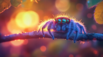Cute and fluffy spider in vivid colors sitting on a branch with a glowing sunset background