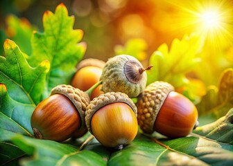 Autumn Abundance: Oak Leaves and Acorns in Sunlight