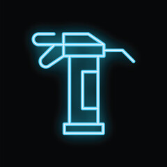 Bright blue neon sign depicting a grease gun, radiating light against a dark background