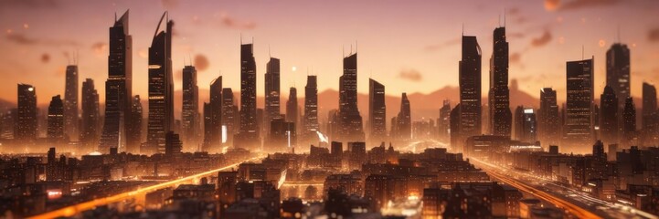 futuristic cityscape in abstract orange bokeh background, neon lights, sci-fi inspired art