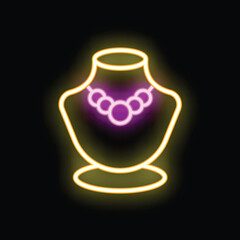 Neon sign representing necklace on mannequin displaying jewelry store window concept
