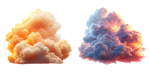 Fototapeta premium Dramatic Colorful Smoke Clouds Two Abstract Vapor Explosions Orange and Purple Hues Isolated on on transparent background