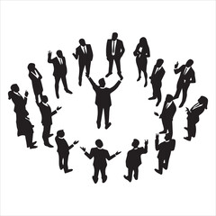 High-angle, silhouette image of a diverse business team, arranged in a circle around a central figure.
