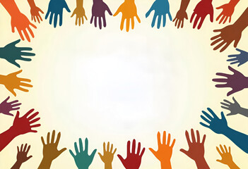Colorful hands of various sizes and shades form a circle around a blank white space symbolizing unity and diversity copyspace