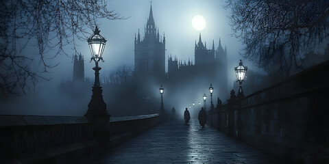 dark eerie gothic city street night architecture castle tower cathedral mist mysterious atmospheric full moon foggy haunted Victorian-era horror Halloween religion church vampire