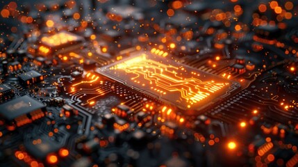 Intensely Glowing Circuit Board Processor, High-Tech Electronic Components, Advanced Technology Concept
