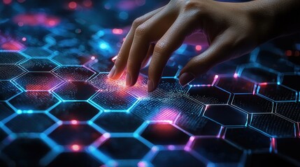 Interacting with a Futuristic Hexagonal Digital Interface: A Glowing Network of Red, Blue and Pink Light