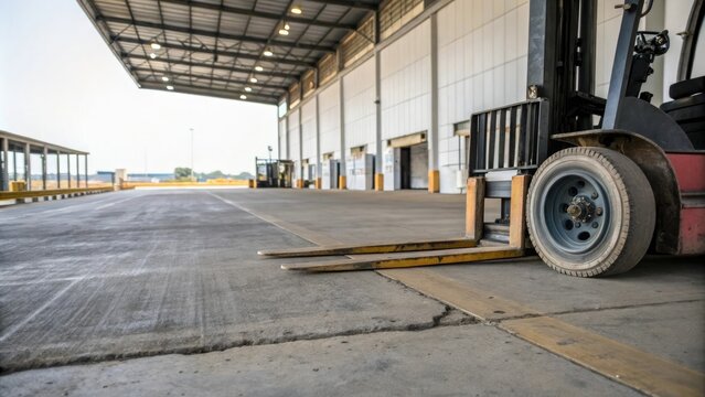 Forklift wheels and fork tips are seen rolling along the ground in an empty loading dock, wheeling machinery, forklift movement, material handling, cargo moving