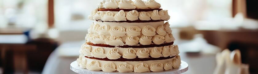 Three-Tiered Wedding Cake with White Icing and Rose-Shaped Decoration