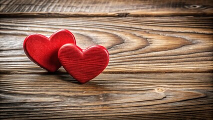 Fototapeta premium A close-up of two red hearts on a wooden background, with the hearts slightly overlapping and the wood grain texture visible in the background , anniversary, atmosphere