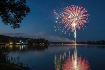Firework burst over a serene lake with reflected colorful lights, sky reflection, mirror image
