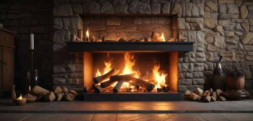 Fire burning in the hearth of a stone fireplace, , cozy