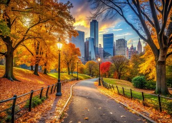 Fototapeta premium Autumn Jogging Path in Manhattan's Central Park: Fall Foliage & Cityscape Views