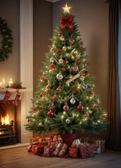 Fir Christmas tree with ornaments and ribbons on a mantelpiece, christmas tree, evergreen, ornate details