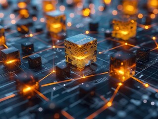 Interconnected Glowing Cubes Representing Data Network and Global Communication