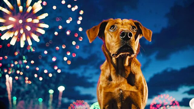 A brown dog with scared eyes against a bokeh background of fireworks
