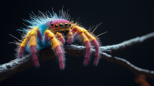 Soft and fluffy spider with bold multicolored hues perched on a twig with subtle lighting