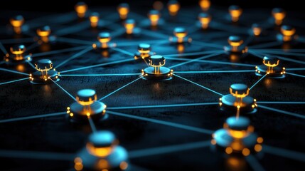 Interconnected Network Nodes with Glowing Lights in Dark Background