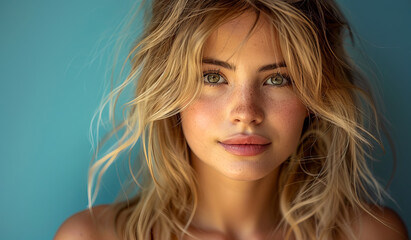 Naklejka premium A woman with blonde hair and green eyes is smiling at the camera. She has a light makeup look on her face