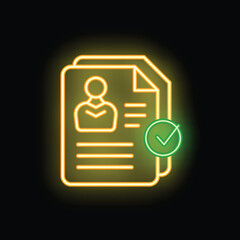 Glowing neon icon of a resume with a check mark signifying a successful job application