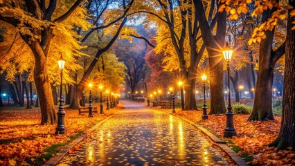 Fototapeta premium Autumn Park Night Photography: Blurred Background, Golden Leaves, Magical Fall Scene